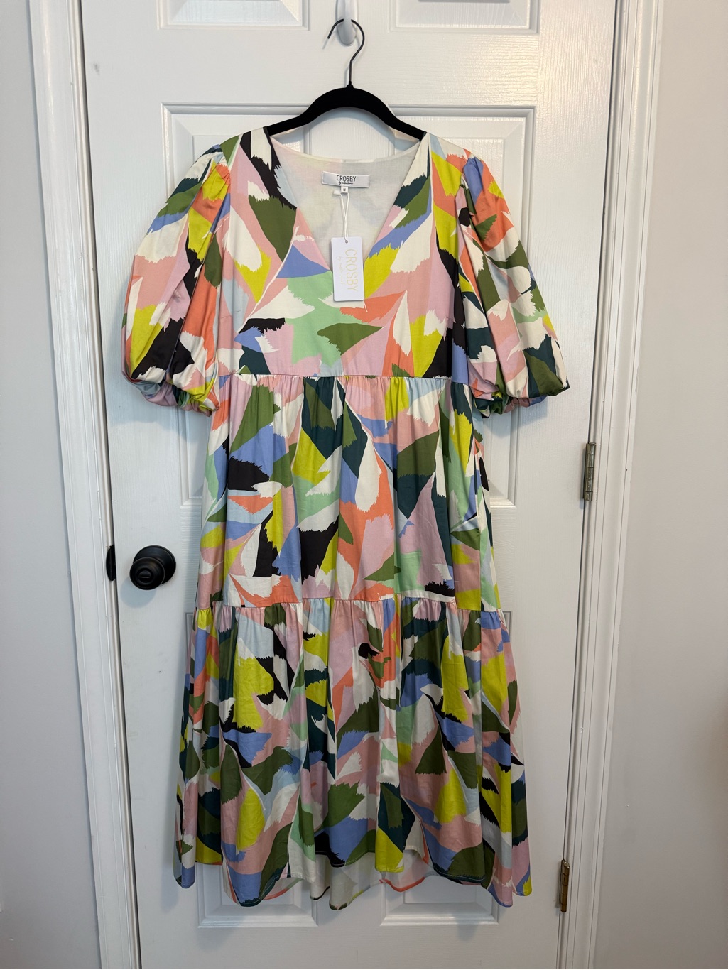 Crosby By Mollie Burch Brawley Dress Colorful Abstract Print Puff Sleeve